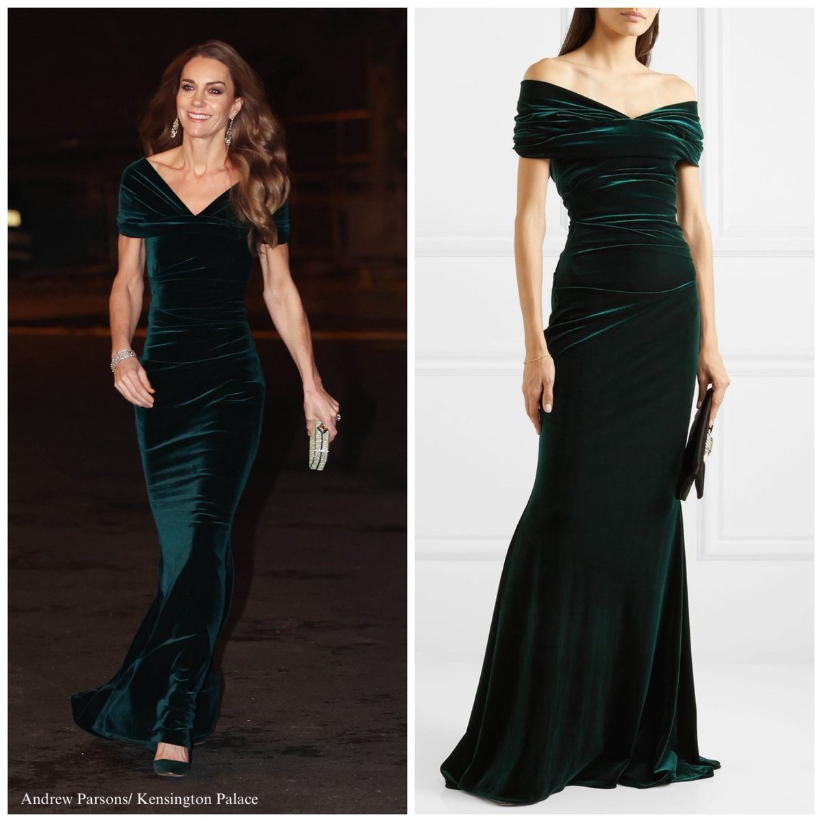 The Princess of Wales stuns in the Talbot Runhof Bobonne green velvet gown  tonight. A past season style. Talbot Runhof is a German fashion label  founded in 2000 by American designer Johnny