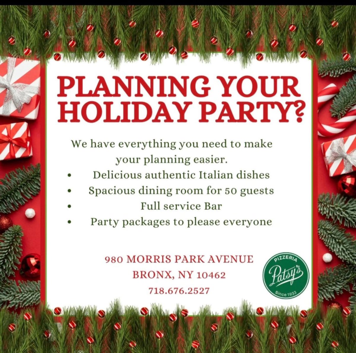 The Holidays are here! @patsyspizzamorrispark has the perfect place for you. Private party room and dining room can accommodate all group sizes from 10 to 50. Give them a call or stop in to customize your party. 
980 #MorrisPark Avenue