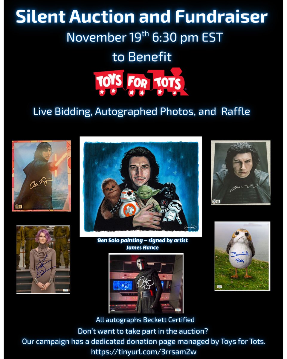 savethfbs's tweet image. ITEMS BEING AUCTIONED OFF:
- 3 kylo ren photos signed by adam driver himself 
- an admiral holdo photo signed by laura dern
- a ben solo painting, signed by the amazing @JimJeroo 
- a porg picture signed by brian herring 
#TheHuntForBenSolo
