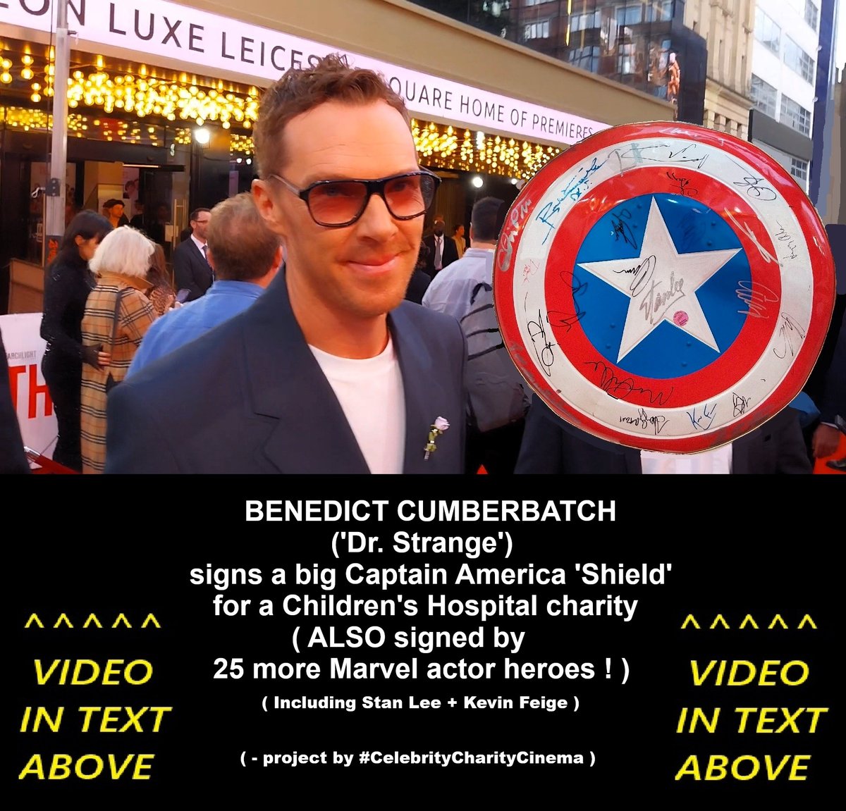 Video > youtu.be/YVlp9lE7TIw / #BenedictCumberbatch ⭐( #DrStrange )✨signs (28/8/25) a #CaptainAmerica ❤️🤍💙 #Shield for a Children's Hospital #charity ( signed by 25 more  #Marvel hero actors ! ) / #BenedictCumberbatchCharity #DoctorStrange ( by #CelebrityCharityCinema )