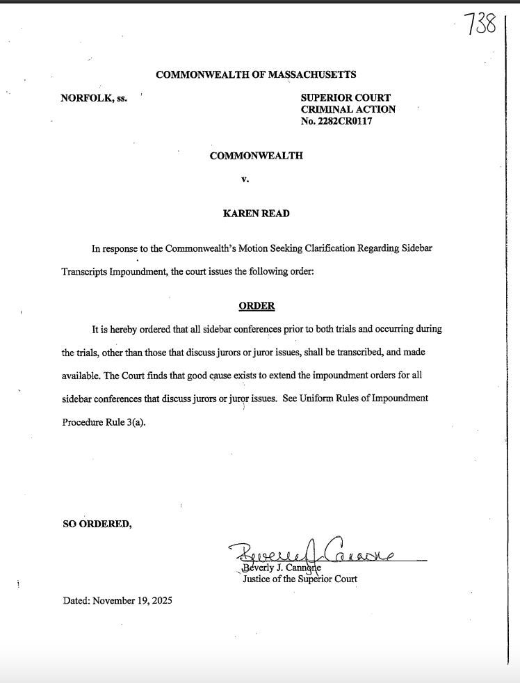 BoozeyBeauty's tweet photo. A massive win for the sidebahs! 💪
After the Norfolk County DA asked Judge Cannone to “clarify” whether sidebar conferences from the Karen Read trials must be transcribed, the judge issued a decisive ruling:
🔹 All sidebar conferences before and during both trials must be transcribed
🔹 All transcripts must be made publicly available
🔹 Only sidebars involving jurors or juror issues will remain impounded
This ruling lands directly after Attorney Corri Hopkins filed a civil suit accusing the DA’s office of unlawfully refusing to release these transcripts. And with one order, Judge Cannone just demolished the DA’s entire excuse for withholding them.
Their hands are no longer “tied.” Once transcribed, these records must be released.
With the DA’s core argument now obliterated, Hopkins is in an extremely strong position to obtain both trial transcripts (minus juror references). A hearing is scheduled for Tuesday in the civil case, and Cannone’s ruling leaves the DA with no meaningful defense. The civil judge will almost certainly set a production deadline.
This ruling exposes:
➡️ The DA never had a legitimate reason to withhold the transcripts
➡️ Their legal position in the civil suit was incorrect
➡️ Their “Motion to Clarify” is even more suspicious since it didn't appeared on the Read docket until after the DA's filing
➡️ Personal attacks on Hopkins look retaliatory, not legal
➡️ Their refusal to produce public records now appears improper
Cannone’s order wipes out the DA’s opposition, strips away any legal justification for continued secrecy, and positions Hopkins to win her preliminary injunction next week.
If the transcripts are being created, and ordered to be made public in the criminal case, the DA has zero basis to refuse them in the civil case.
This is a massive win for Hopkins, for transparency, and for the public. 🙌