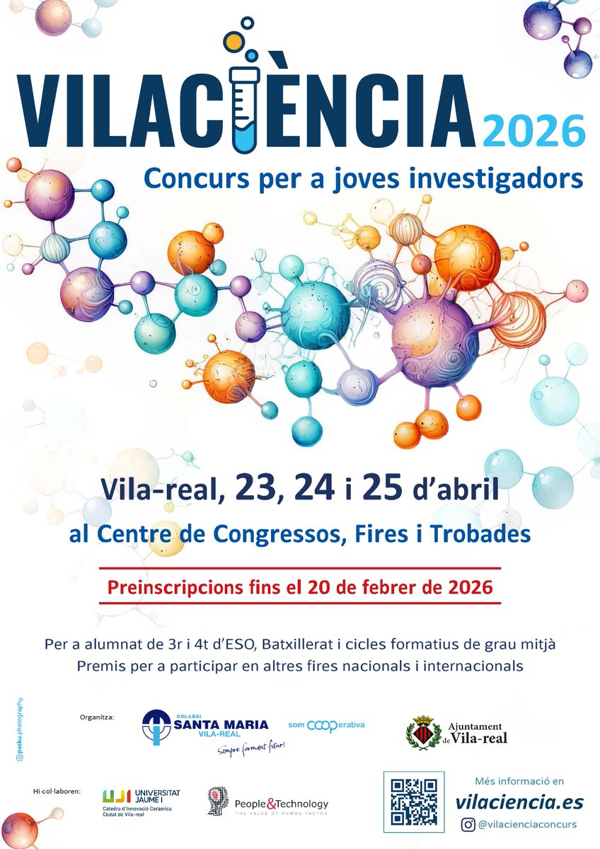 🔬✨ Arriba VILACIÈNCIA 2026!
El nostre alumnat pot presentar projectes científics i participar en esta fira-concurs els dies 23-25 d’abril a Vila-real.
Beques per a les millors investigacions! 🌟🧪