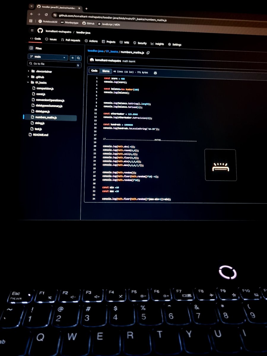 Komalkant_M's tweet image. Day : 11/30 Days of Code🚀
#30DaysOfCode #30DaysOfLearningJava

Watched the 11th Video of Java by chai aur code  @Hiteshdotcom . Learnt How numbers work and math module work.