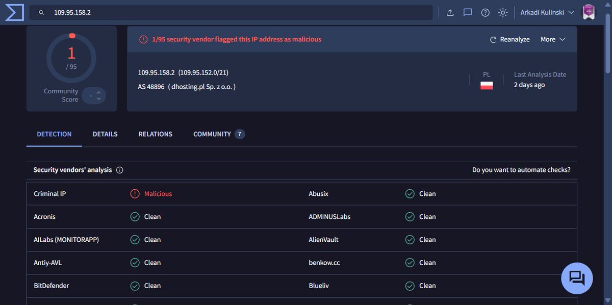 ksef.pl 
krajowy system e-faktur
ip's:
213.186.33.5  AS 16276 Francja ( OVH SAS ) Malicious
109.95.158.2  AS 48896( dhosting.pl Sp. z o.o. ) Malicious

virustotal.com/gui/domain/kse…
virustotal.com/gui/ip-address…
virustotal.com/gui/ip-address…