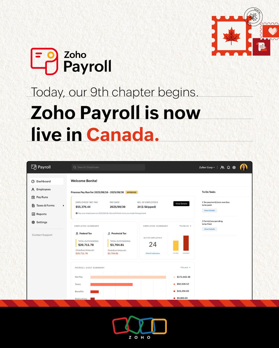 ZohoPayroll's tweet image. Our 9th chapter begins today. Zoho Payroll is now live across Canada. 🇨🇦 

Built for Canadian compliance, crafted for simplicity, ready for every pay run. 

Simple. Smart. Secure. 
Experience now✨ : zoho.com/en-ca/payroll/