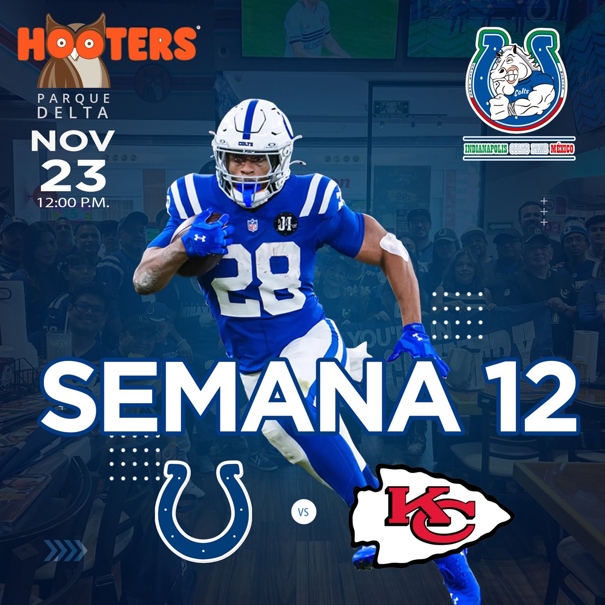 ColtsFansMexico's tweet image. ¡Hermandad Colts, este domingo vamos con todo! 
Nos vemos este 23 de noviembre a las 12:00 p.m. en Hooters Parque Delta para apoyar a nuestros Súperpoderosos Colts.
@Colts vs @Chiefs  
@ColtsLife @PabloViruega @RaulAllegre @CarlosRosadoV @rgarciaochoa @FOXImpactoNFL
