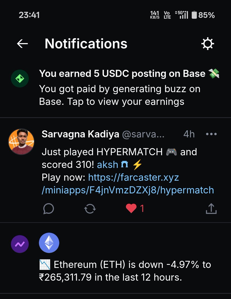 Thank you <a href="/base/">Base</a> 🙌

Last week’s Activities:
- Daily posting + engagement
- Built 2 mini-apps on Farcaster
(One of them Vibecoded at HYPERTHON by <a href="/roshanonx/">roshann</a> &amp; <a href="/BasedIndia/">Base India</a>)
- A few based transaction 
- Vibe concept inspired by <a href="/minidevfun/">minidev</a>