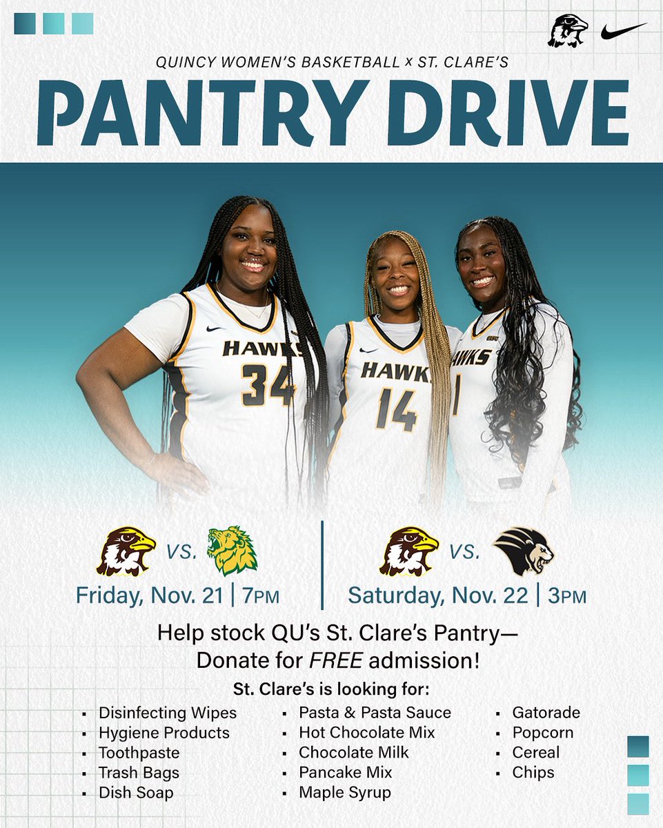 Hawks helping Hawks.
Donate to St. Clare’s Pantry at the Women’s Basketball Tournament this weekend and get free admission!
Each fan must bring their own item. 🏀🦅

#HawkUp #StClaresPantry