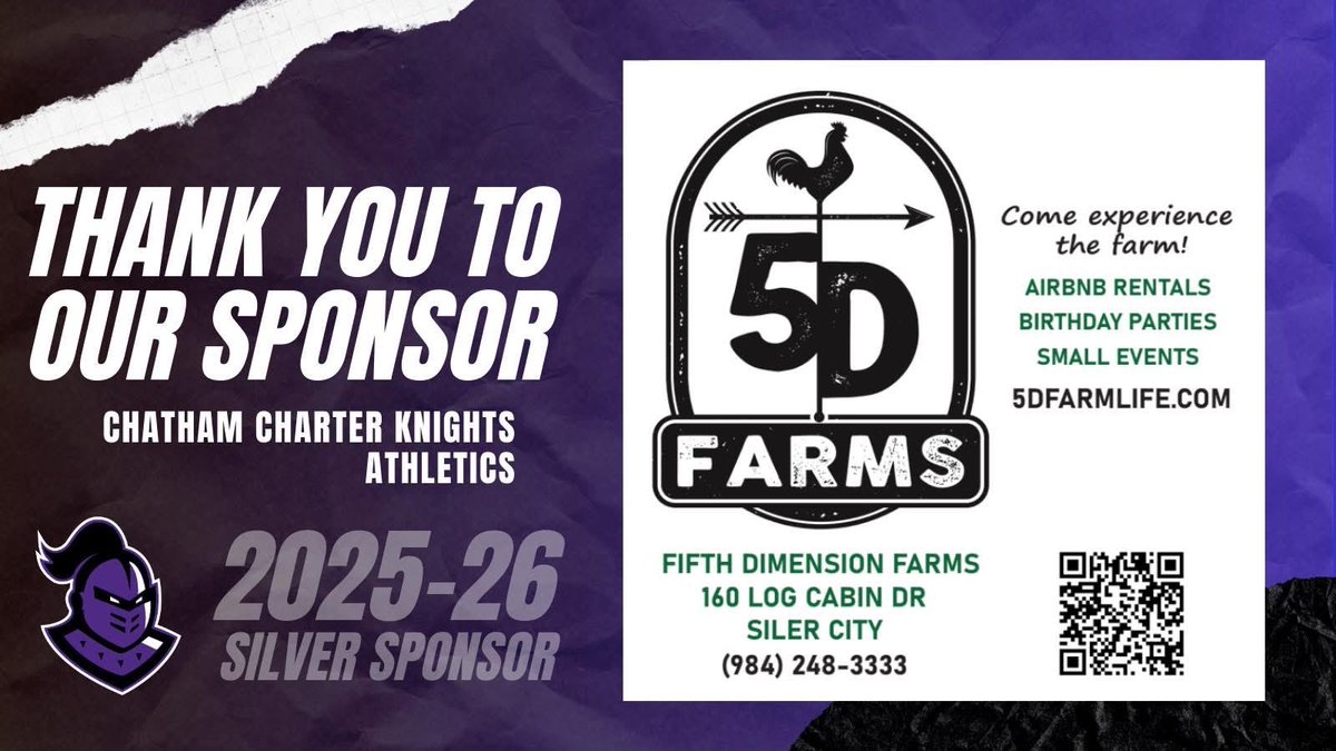 A huge thank you to 5D Farms for being a Silver Sponsor of Chatham Charter Athletics! From unique Airbnbs and hosting weddings to parties, events, and even farm animals, 5D Farms is all about creating memorable experiences—and we’re grateful for their support of our Knights!⚔️