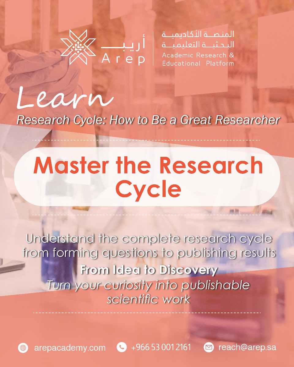 ArepPlatform's tweet image. Behind every discovery is a structured research cycle — and you can master it too.
From forming ideas to publishing results, we guide you through the entire journey.

✨ From Idea to Discovery
Turn curiosity into publishable scientific work.

#ResearchCycle #ScientificMethod…
