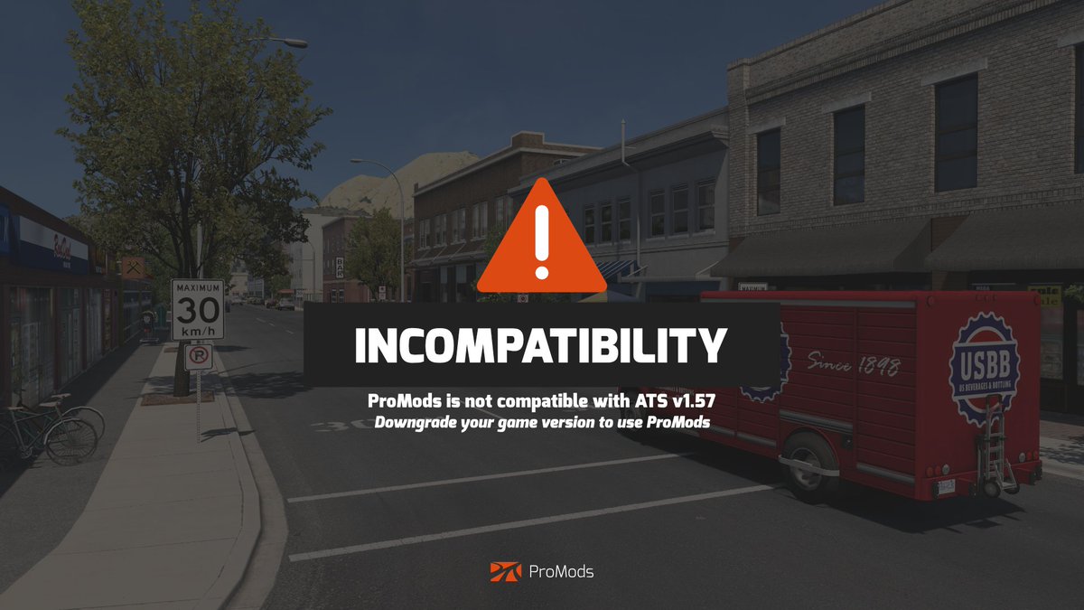 ProModsETS2's tweet image. ⚠️ SCS has released v1.57 for ATS

ProMods Canada v1.5.0 is NOT compatible with this game version.

If you want to play with ProMods, please select the &quot;1.56&quot; branch on the Beta Tab on Steam.