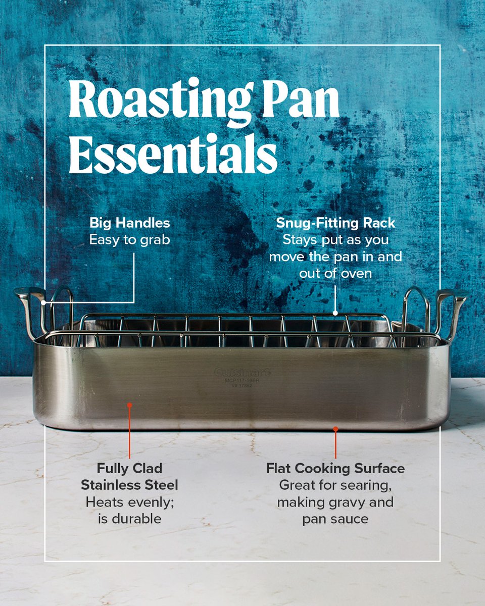 TestKitchen's tweet image. We put 10 roasting pans with racks to the test to find the one worth keeping in your kitchen year-round. The best models are fully clad stainless steel, with roomy, flat cooking surfaces and racks that fit snugly for crisp, even roasting every time. cooks.io/48jTlKl