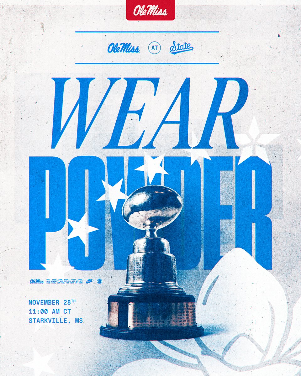 OleMissFB's tweet image. 🚨 FAN COLOR CHANGE 🚨

Egg Bowl Week is almost here.

Rebel fans, WEAR POWDER and help us take over Starkville as we chase win No. 11.

GET TIX NOW 🔗: rebs.us/4oLcZol

#HottyToddy