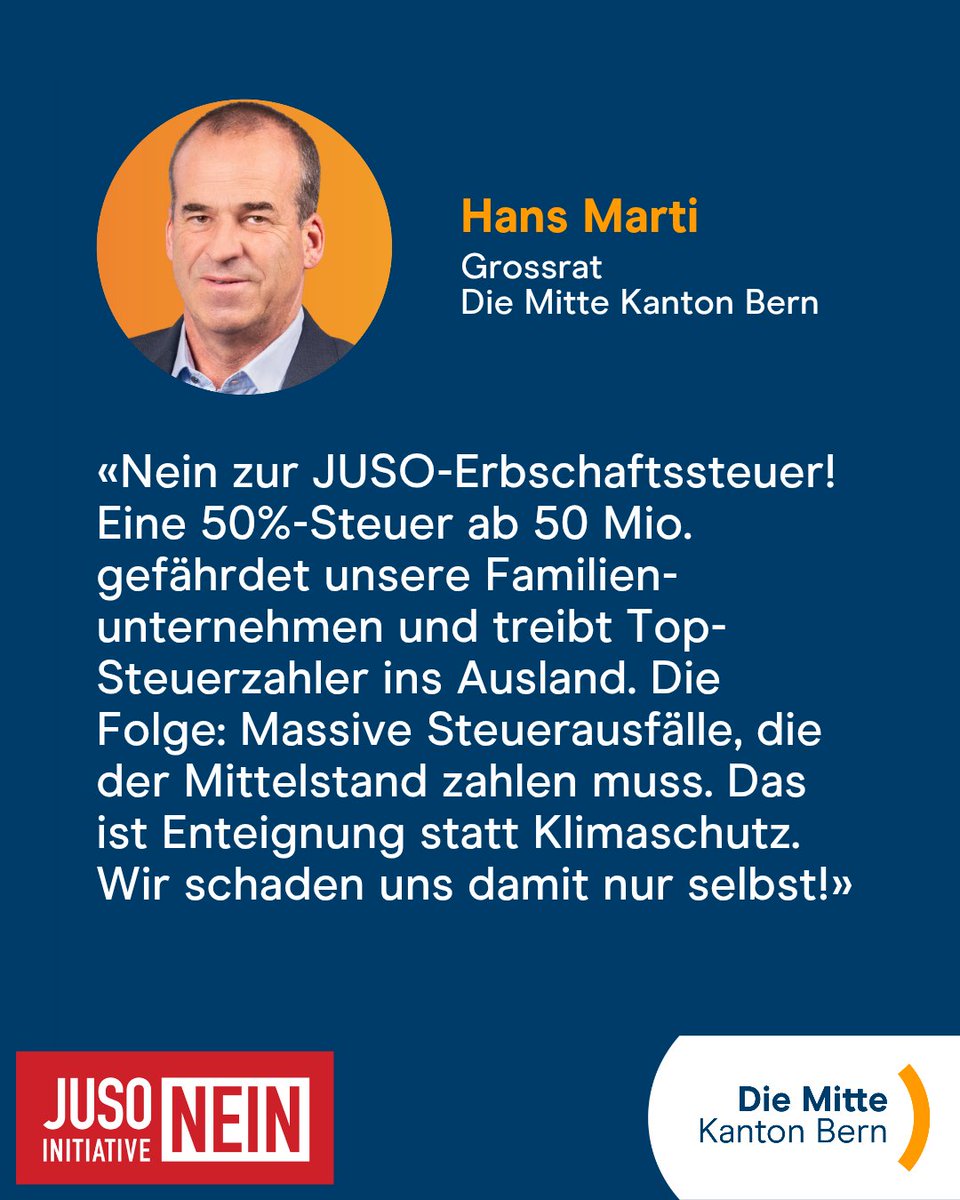 Damit nicht der Mittelstand zahlen muss: Unser Grossrat Hans Marti sagt Nein zur "Initiative für eine Zukunft" der Juso am 30. November.

#DieMitteBE #Abst25 #JUSOnein #Erbschaftssteuer #KMUkiller