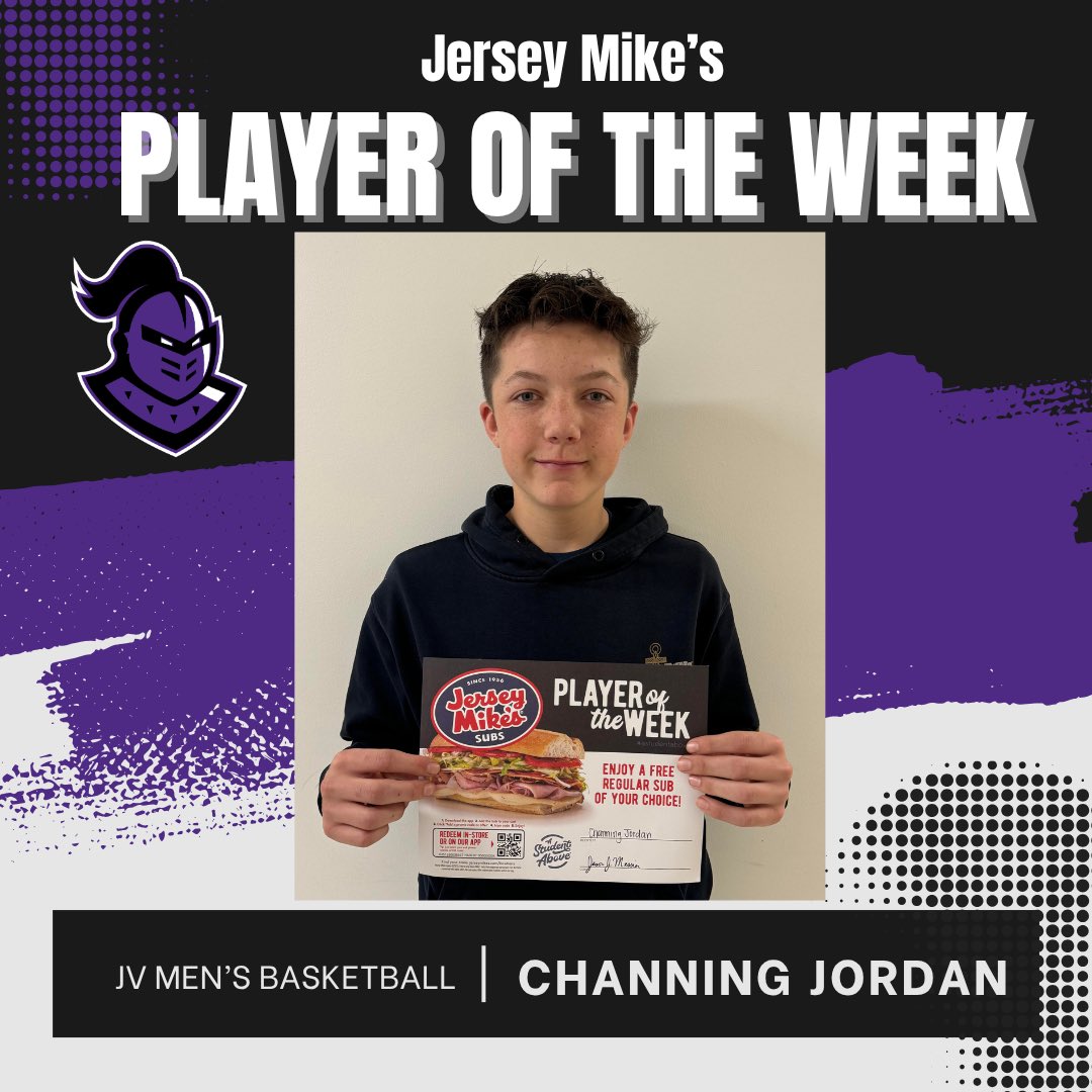 Congrats to Channing Jordan for being this week’s Jersey Mike Player of the Week. He has shown great strides and improvement so far and he continues to pour into his team and the program. He had 9 points for us in our only home game to help us secure the win! ⚔️ #astudentabove