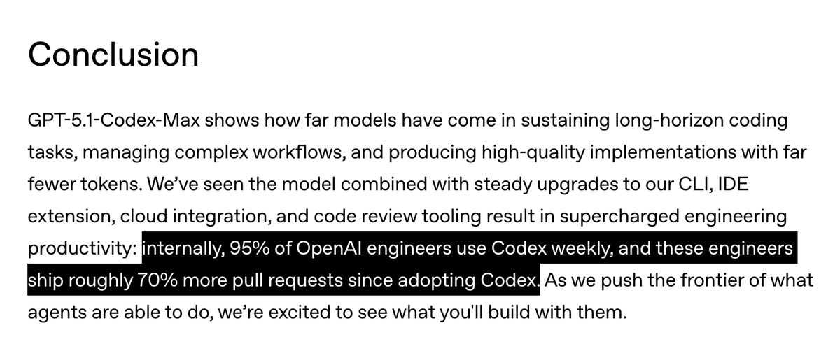 Yuchenj_UW's tweet image. OK, this is an interesting metric:

“95% of OpenAI engineers use Codex weekly, and these engineers ship roughly 70% more pull requests since adopting Codex.”

Why do the remaining 5% engineers not use Codex?