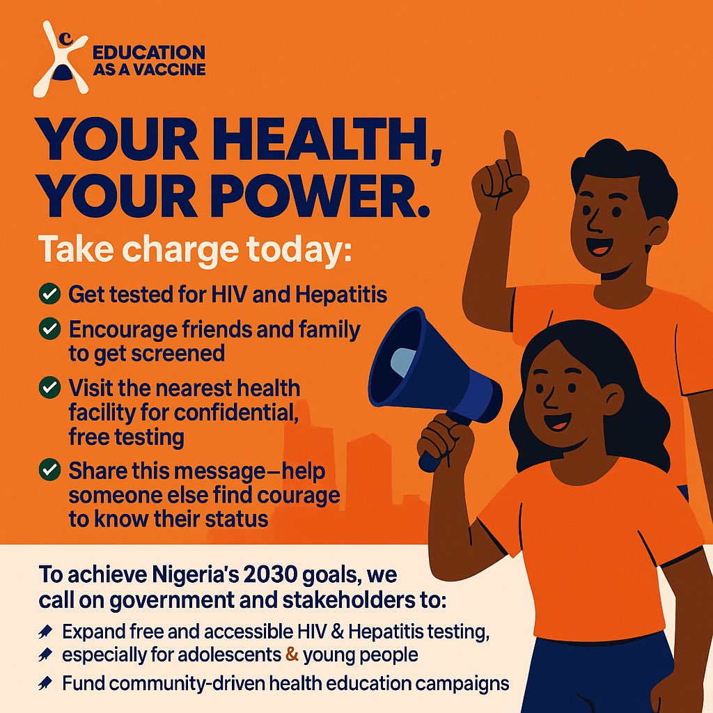 EVA_Nigeria's tweet image. Day 3 of International Testing Week.
Our message remains clear: testing strengthens prevention &amp;amp; health systems.

We continue to push for policies that expand youth-friendly testing, community-driven education, &amp;amp; a health system that treats young Nigerians with dignity.

#U4P9ja