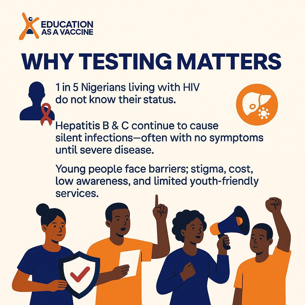 EVA_Nigeria's tweet image. Day 3 of International Testing Week.
Our message remains clear: testing strengthens prevention &amp;amp; health systems.

We continue to push for policies that expand youth-friendly testing, community-driven education, &amp;amp; a health system that treats young Nigerians with dignity.

#U4P9ja