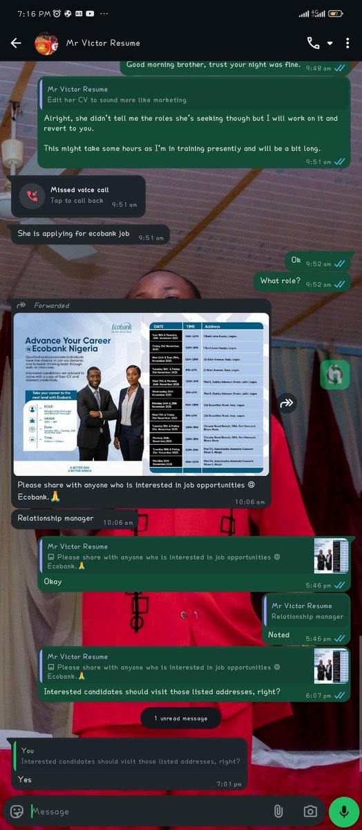 KareemCareer's tweet image. If you&apos;re open to work, Ecobank is currently recruiting. Interested candidates should visit those listed addresses.

The offer will close by 25th of this month.

#job #jobhiring #openforwork #hiring #ecobankhiring