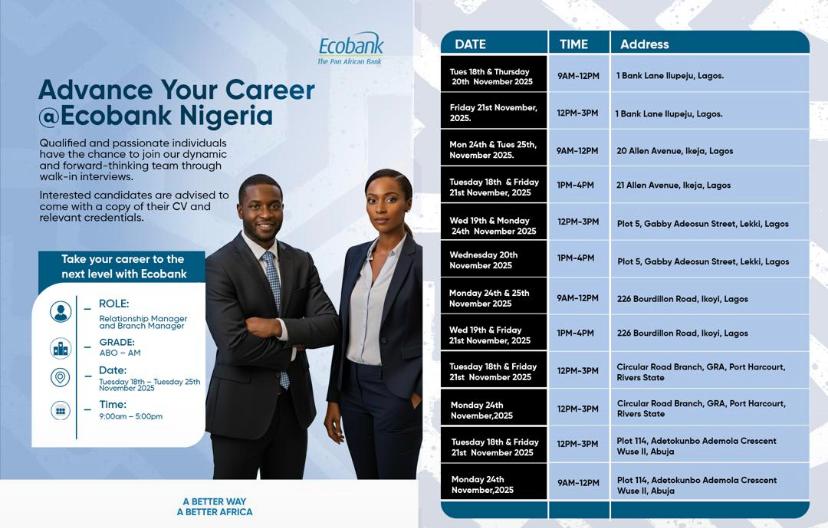 KareemCareer's tweet image. If you&apos;re open to work, Ecobank is currently recruiting. Interested candidates should visit those listed addresses.

The offer will close by 25th of this month.

#job #jobhiring #openforwork #hiring #ecobankhiring