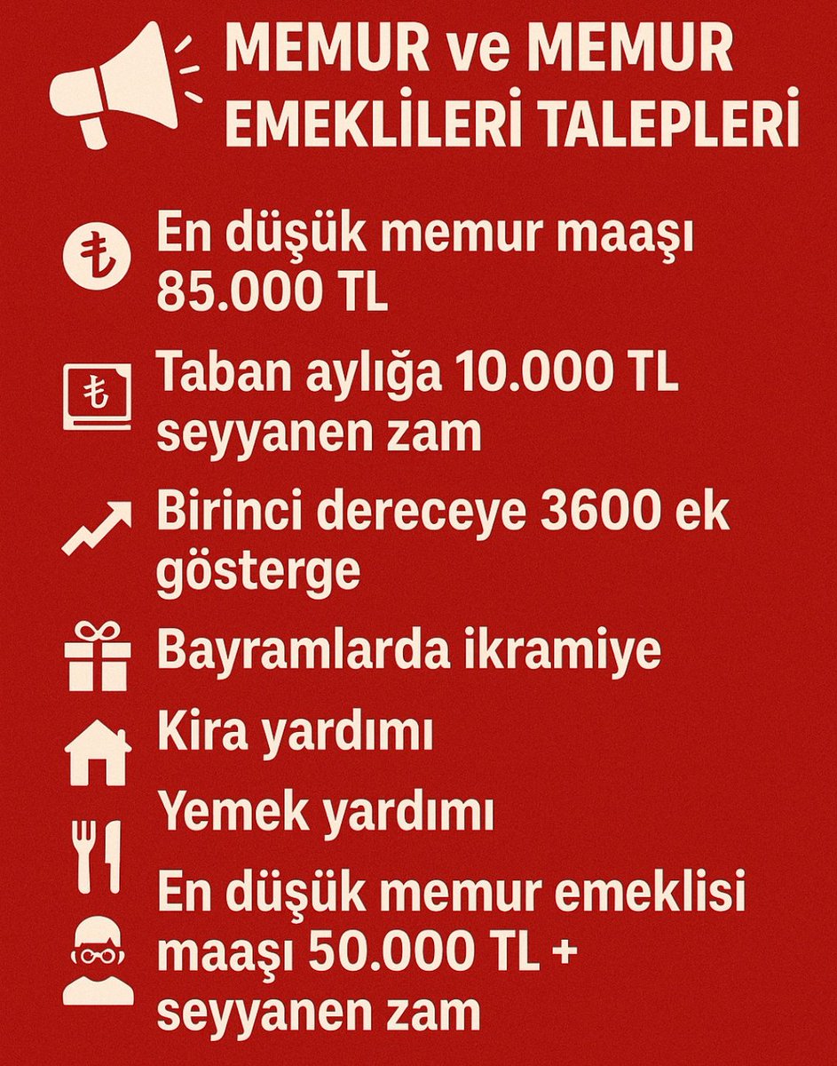 📢 Memur ve Memur Emeklilerinin Haklı Talepleri

💰 En düşük memur maaşı: 85.000 TL
🧾 Taban aylığa 10.000 TL seyyanen zam
📈 1. dereceye 3600 Ek Gösterge
🎁 Bayram ikramiyesi
🏠 Kira yardımı
🍽️ Yemek yardımı
👴 En düşük memur emeklisi: 50.000 TL + seyyanen

<a href="/RTErdogan/">Recep Tayyip Erdoğan</a> <a href="/efkanala/">Efkan Âlâ</a>