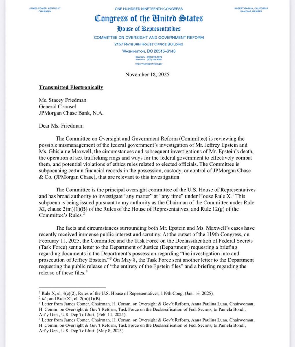 🚨Just in: The House Oversight Committee has officially subpoenaed J.P. Morgan and Deutsche Bank for Jeffrey Epstein's financial records