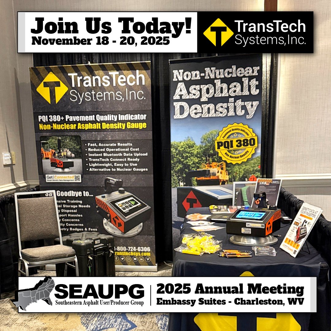 Join us today at the Annual #SEAUPG Conference with <a href="/AmesEngineering/">Ames Engineering LLC</a>! Learn more about our #PQI380Plus #NonNuclear #AsphaltDensity gauge with #TransTechConnect and precision profiling equipment! 🚧 bit.ly/SEAUPG2025

#TransTechSystems #AmesEngineering #QCForEveryone