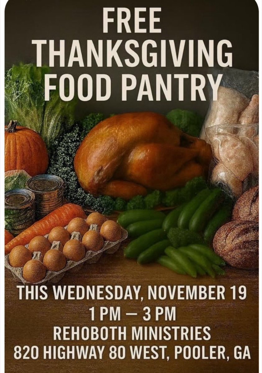 🦃 FREE Thanksgiving Food Pantry!

📅 Wed, Nov 19 | ⏰ 1–3 PM
📍 Rehoboth Ministries, 820 Hwy 80 W, Pooler GA

Spread the word &amp; help families celebrate!
#ThanksgivingHelp #CommunityCare
