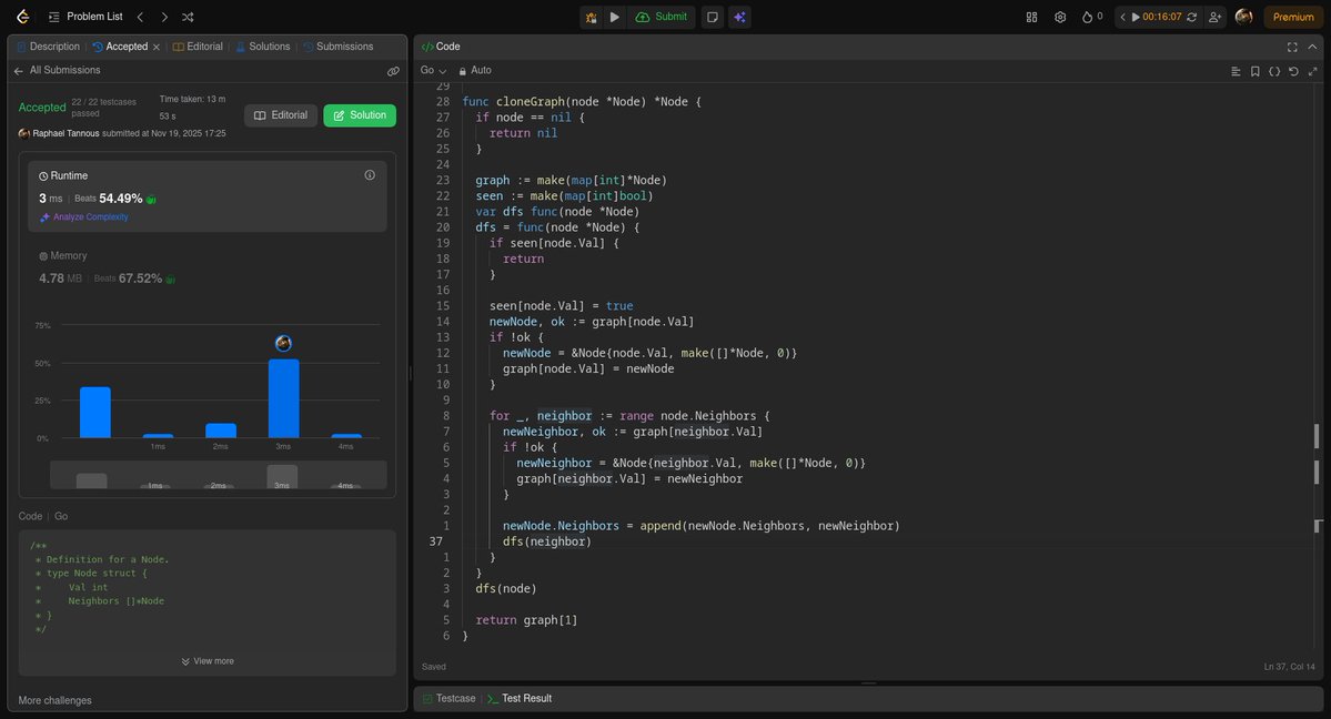 raphael_tannous's tweet image. Today, I solved the problem &quot;133. Clone Graph&quot; on LeetCode using Go! #Graph #DFS

I used DFS to re-create the graph from the given node. I used a seen hashmap to avoid an infinite loop.

Happy LeetCoding!