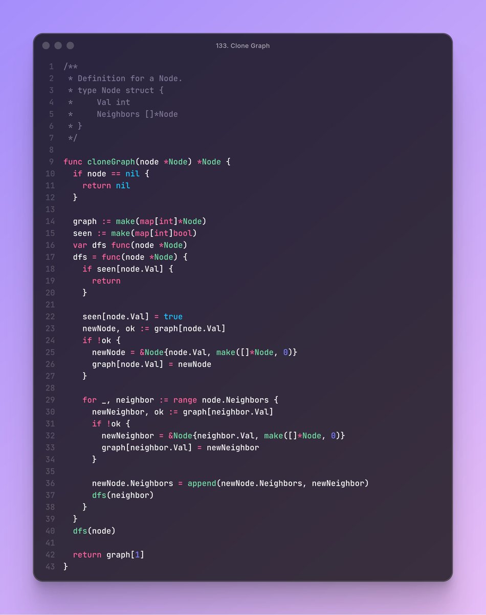 raphael_tannous's tweet image. Today, I solved the problem &quot;133. Clone Graph&quot; on LeetCode using Go! #Graph #DFS

I used DFS to re-create the graph from the given node. I used a seen hashmap to avoid an infinite loop.

Happy LeetCoding!