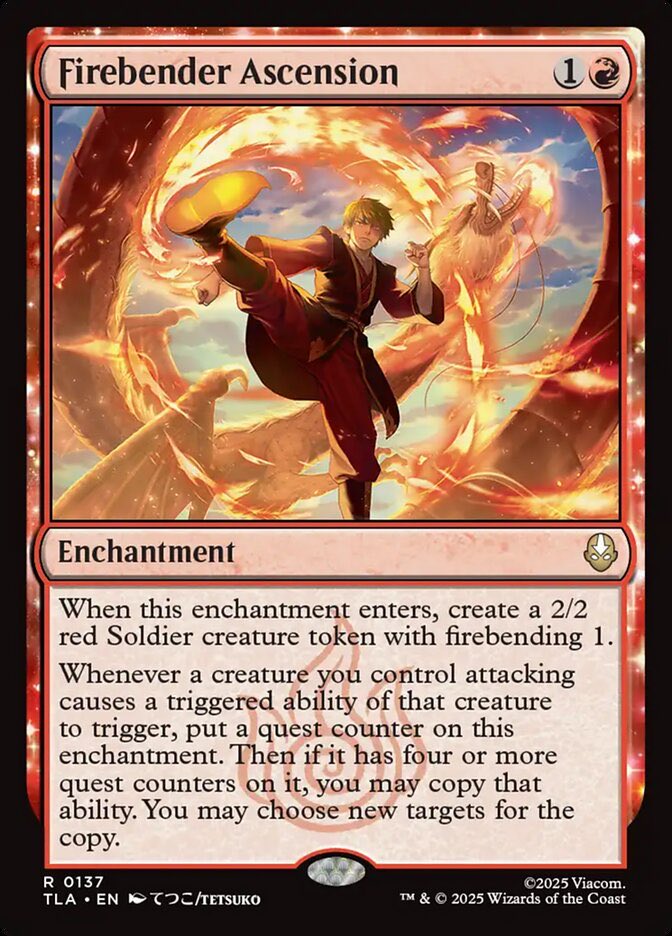 CommanderSUCKS's tweet image. Unless Arena is doing something wrong, I think the way this works is you want to stack your good triggers on the bottom instead of the top for Ascension.

I stacked my firebending 2 trigger on top of a better attack trigger, but firebending 2 was the only one I was able to copy.