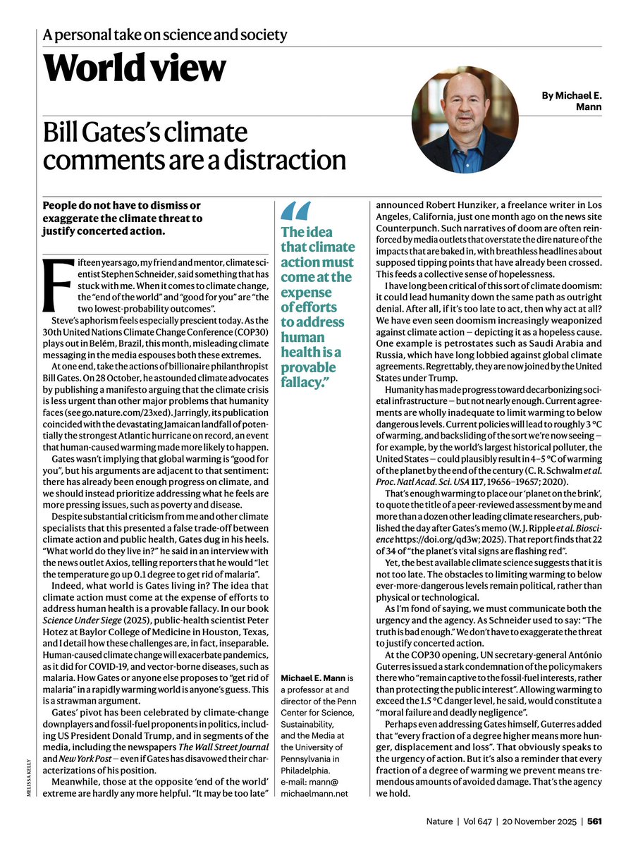 Print version of my new commentary ("Bill Gates’s climate comments are a dangerous distraction") on #COP30, <a href="/BillGates/">Bill Gates</a> and more, in the latest issue of <a href="/Nature/">nature</a>: nature.com/articles/d4158…