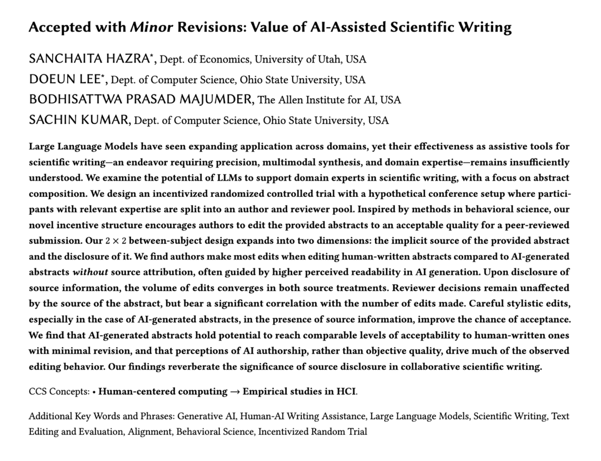 mbodhisattwa's tweet image. Plenty of AI-gen papers in ICLR. Wonder why?

🚨 In a preregistered Randomized Controlled Trial, we find: CS authors perceive AI-abstracts as more readable, tend to edit less than their published counterparts. AI-use and its disclosure shape the fabric of collaborative scientific…
