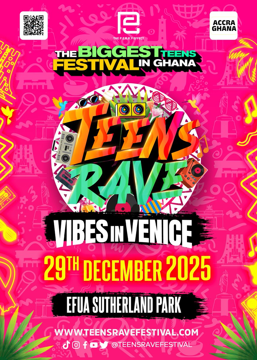 A new experience, and the biggest teen festival Ghana has ever seen! This December, we turn Efua Sutherland Park into our very own Venice, full of music, fashion, culture, and pure unforgettable vibes. ❤️🔥 #VibesInVenice #teensrave #youth 
Tickets drop soon. 🎟️