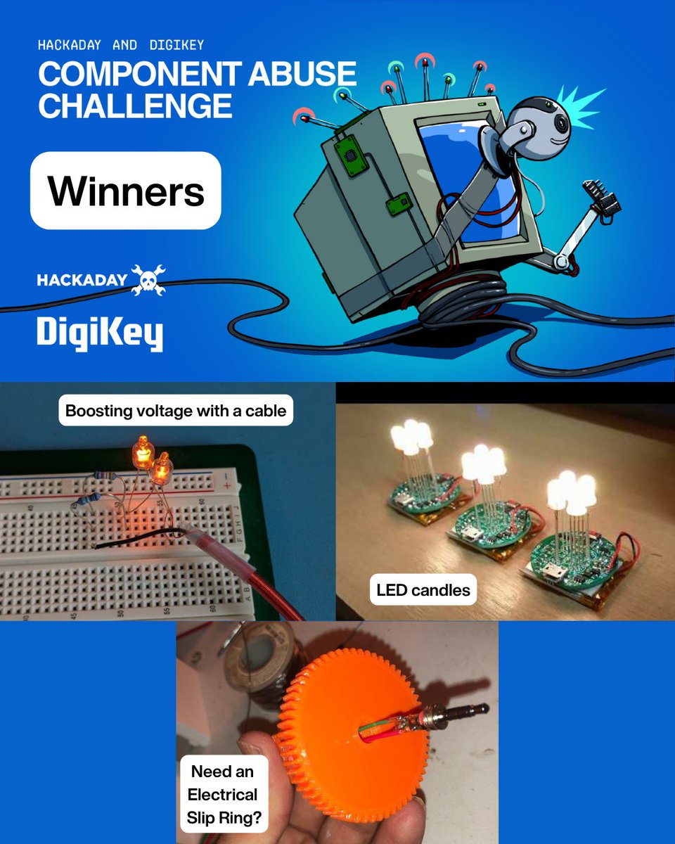 hackaday's tweet image. Here are the three winners of the Hackaday #ComponentAbuseChallenge!

🔶 LED candles by Miroslav Hancar
This project created LED candles that flicker like real candles and can be activated with an actual flame.

🔶 Need an Electrical Slip Ring? by Luke J. Barker. 
This project…