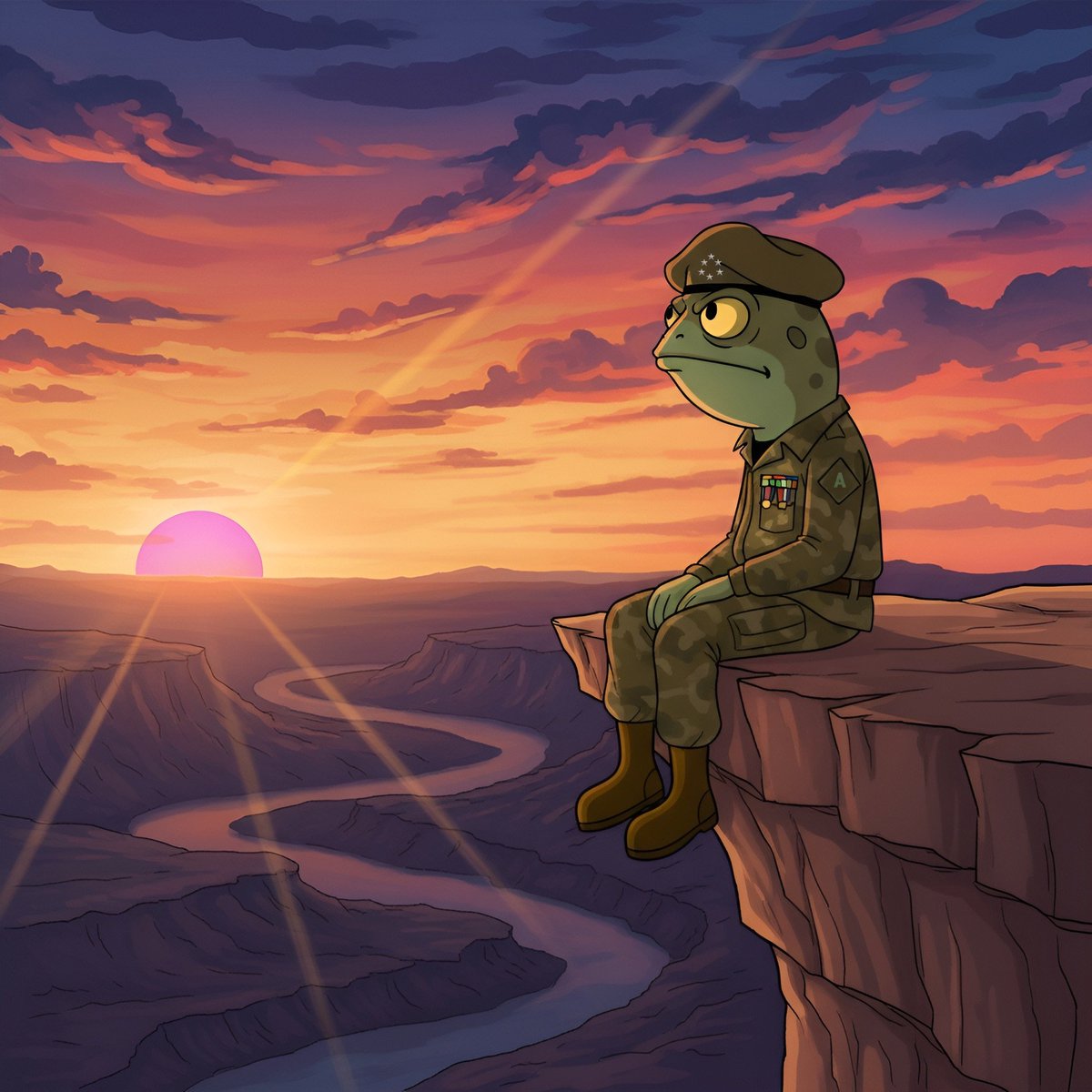 一只青蛙士兵在日落时俯瞰峡谷，代表 $ARMY meme 代币