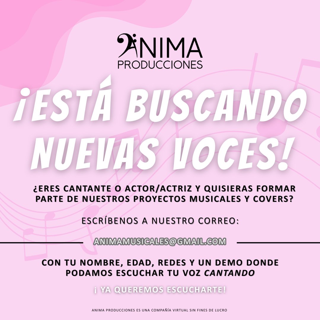🎙 ¡Estamos buscando nuevas voces! ✨️  ¿Te gusta cantar y actuar? Anima Producciones está buscando nuevos talentos para formar parte de nuestros proyectos musicales y covers grupales. (Solo Mayores de Edad)
#fandub #doblaje #cover