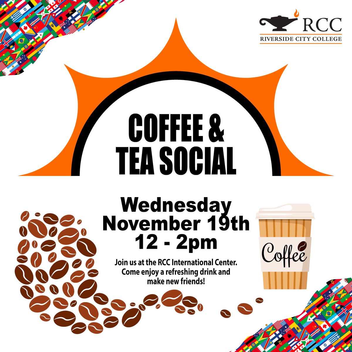 ✨ Take a Break &amp; Sip with Us! ✨
Join us today, Wednesday, November 19, for a warm and welcoming Coffee &amp; Tea Social from 12–2 PM at the RCC International Center (Technology B, Room 203).
Come relax, connect, and enjoy good conversation over your favorite brew. 🌿🤝