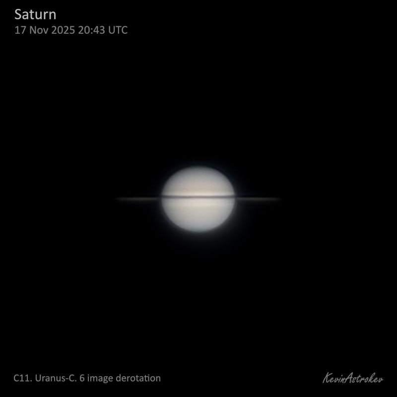 Saturn, imaged a few nights ago.
Seeing wasn't great but quite pleased with the result.
Although not quite edge-on, the rings are just about at their narrowest for this season, at 0.39° open with the South face in view.
They'll be st their narrowest next week