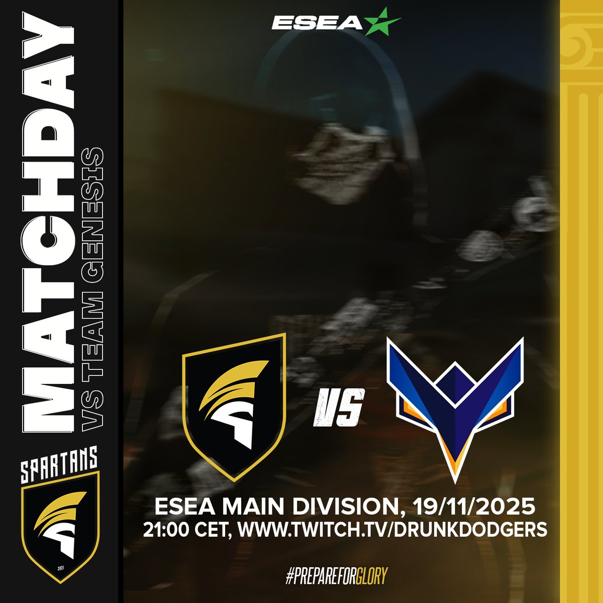 Do or die today, let's go!
⚔️Matchday 13
🗓️19/11/25
🆚Team Genesis
🏆ESEA Main Division
🕓21:00 CET
🎙️twitch.tv/drunkdodgers
#PrepareForGlory
#ESEA #CS2 #Gaming #esports #esport #CSGO #CS #spartans