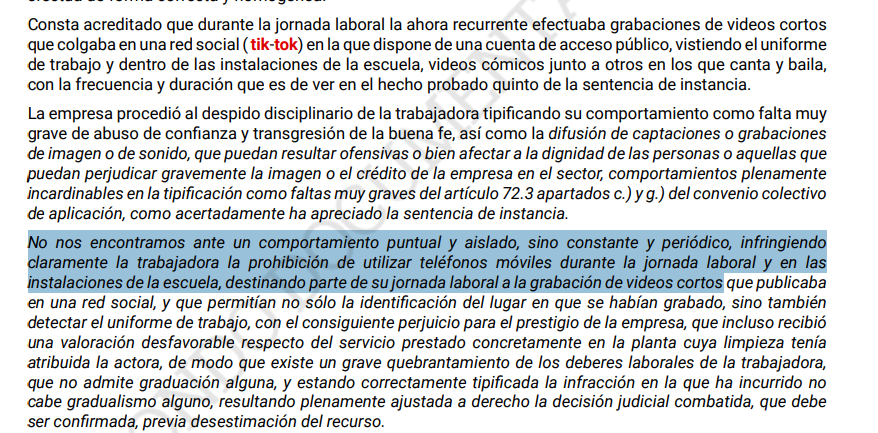 Cuando grabarte en el centro de trabajo llevando el uniforme de la empresa y subir vídeos a #TikTok te cuesta el despido. Se ratifica la declaración de procedencia del despido disciplinario de una trabajadora (limpiadora). STSJ de Cataluña de 16/10/2025