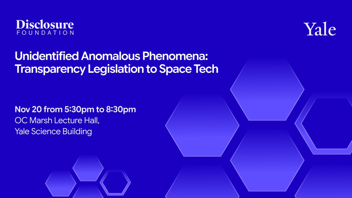 Tomorrow at <a href="/Yale/">Yale University</a>. Join us for an open event on UAP transparency, national security, and future tech.

Speakers: Dillon Guthrie, Kirk McConnell, Dr. Anna Brady-Estevez, and Jordan Flowers.

5:30 to 8:30 pm at OC Marsh Lecture Hall.

You can RSVP here: 
eventbrite.com/e/unidentified…