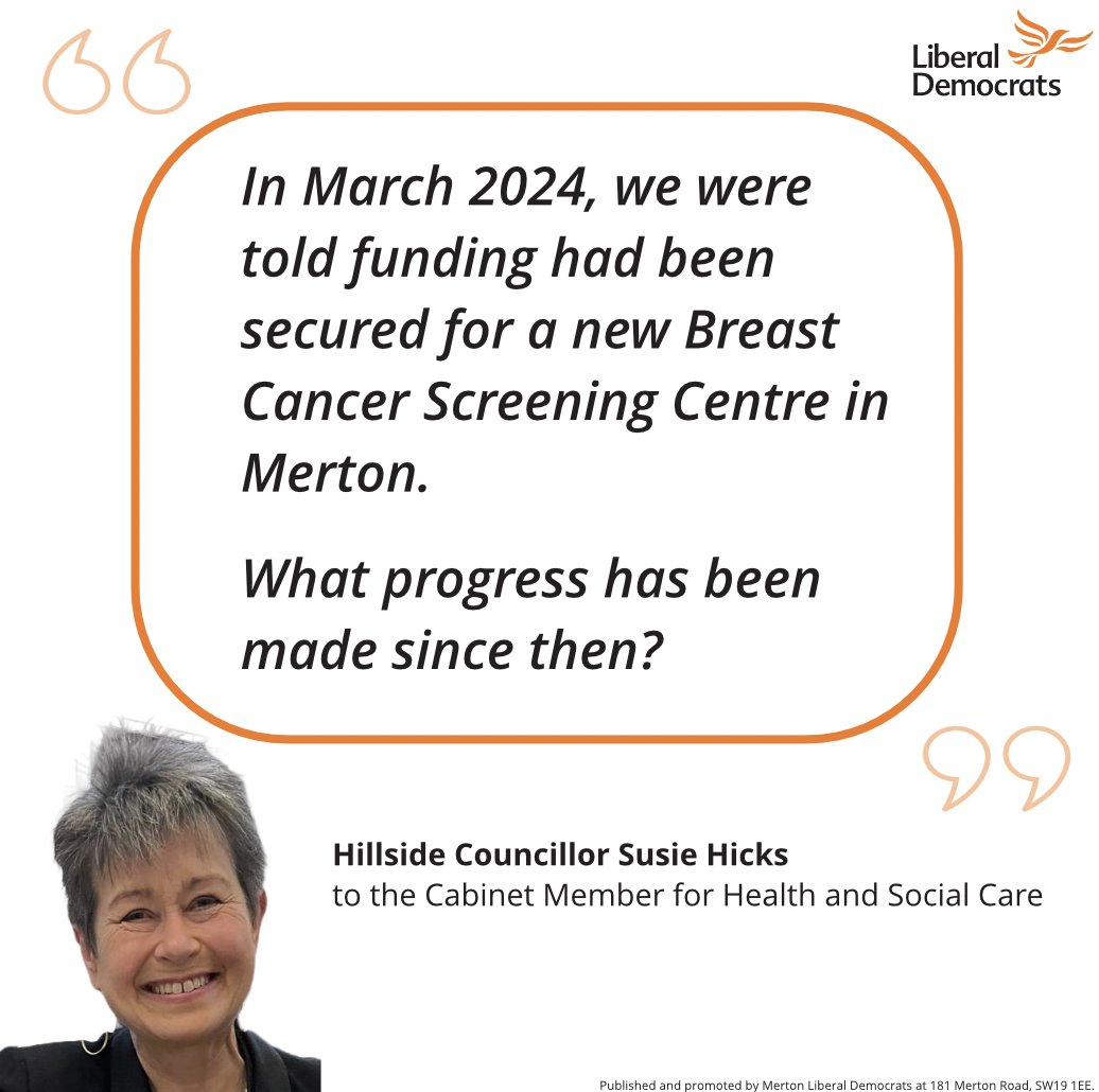Merton is the only borough in South West London without a Breast Cancer Screening Centre.

Tonight we’re asking <a href="/MertonLabour/">Merton Labour</a> what progress has been made on this delivering this, using funding allocated 3 years ago.