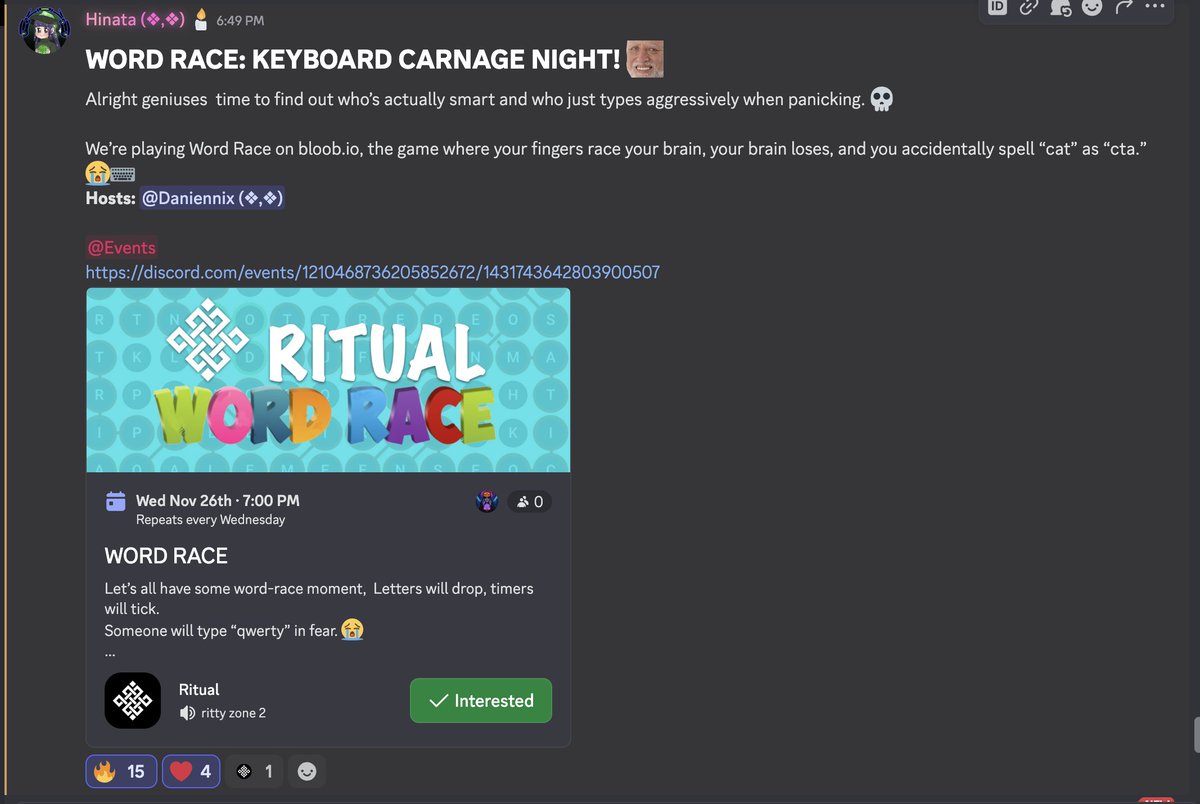 daniennix's tweet image. hosted word race event in @ritualfnd discord. 

it was a fun night for all participants..

ensure you join @ritualnet and tune in next week

gRitual