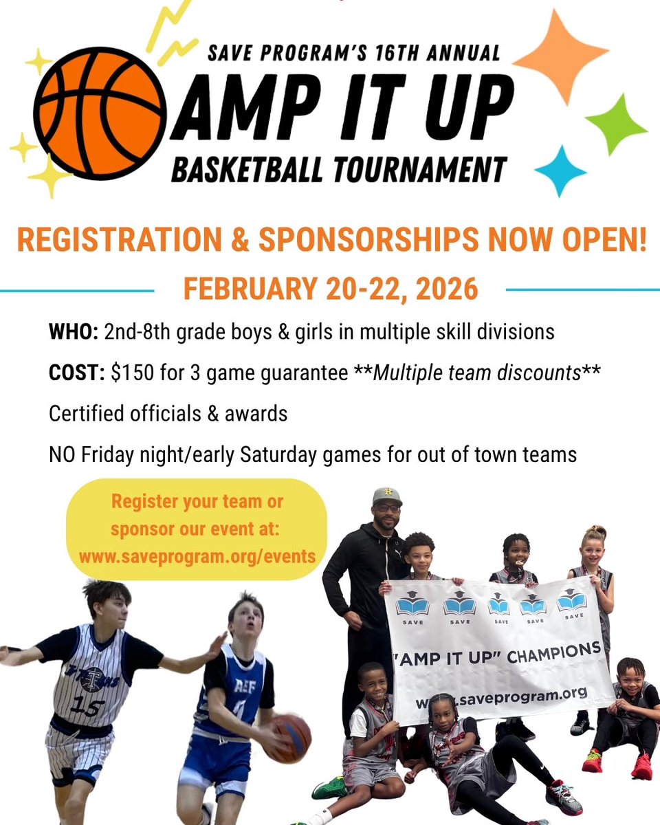 SAVEProgram's tweet image. TEAM REGISTRATION AND SPONSORSHIP OPPORTUNITIES NOW OPEN FOR OUR 16TH ANNUAL “AMP IT UP” BASKETBALL TOURNAMENT! 

February 20-22, 2026 🏀

All proceeds support our Academic Mentoring Program! 

Register or learn more about sponsoring our event: saveprogram.org/events