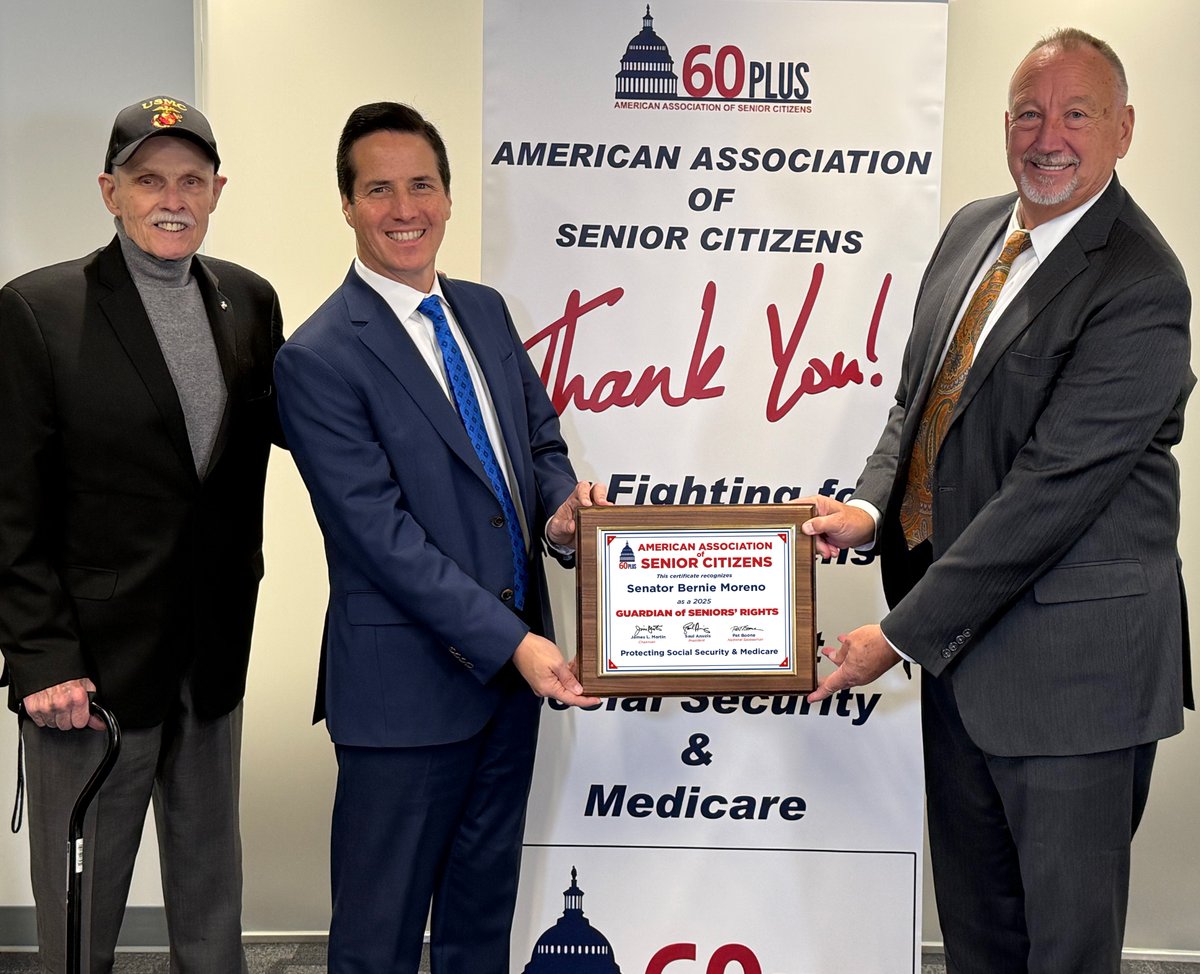60 Plus - The American Association of Senior Citizens proudly recognizes Senator Bernie Moreno as a Guardian of Seniors' Rights for his steadfast commitment to senior citizens. 

Thank you for all that you do for Seniors to protect Social Security &amp; Medicare! 

<a href="/berniemoreno/">Bernie Moreno</a>