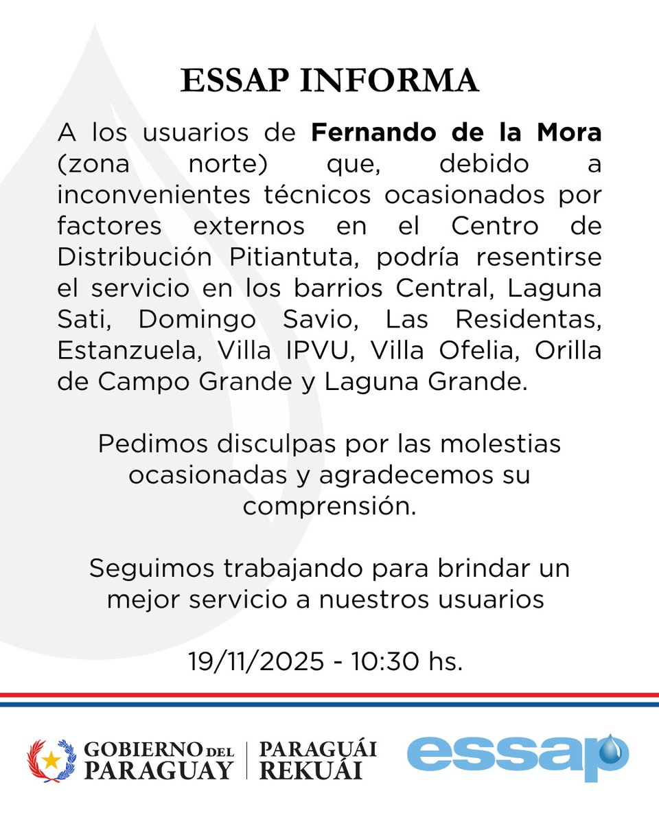 wilianDominguez's tweet image. ANDE corta luz a ESSAP por deuda de USD 31 millones

Pagaron G. 1.200 millones y reponen 10 suministros.