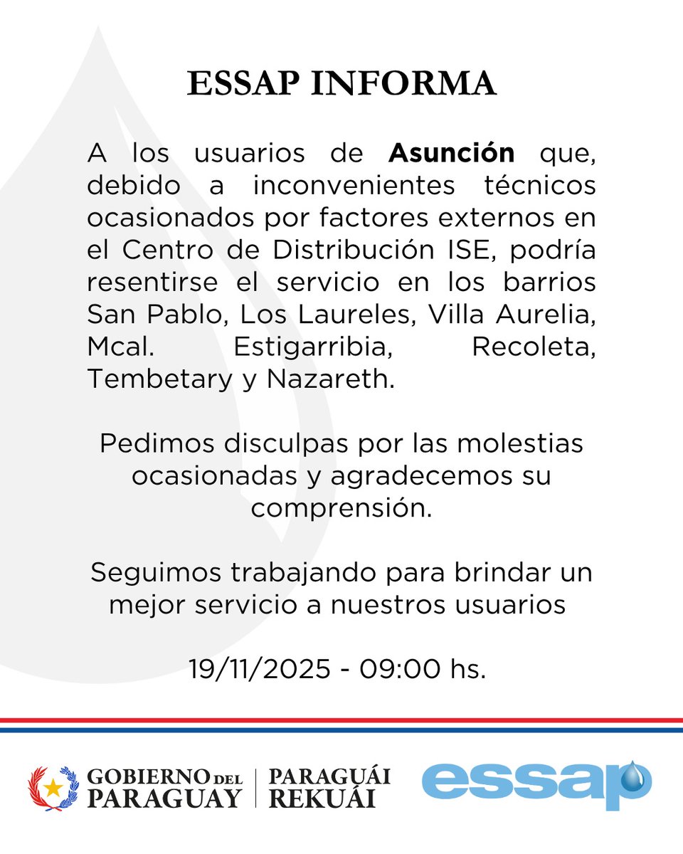 wilianDominguez's tweet image. ANDE corta luz a ESSAP por deuda de USD 31 millones

Pagaron G. 1.200 millones y reponen 10 suministros.