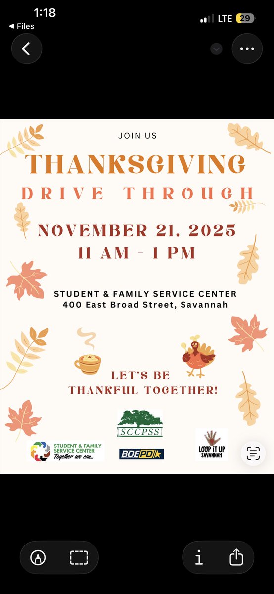 🦃 Thanksgiving Drive-Through!

📅 Nov 21 | ⏰ 11 AM–1 PM
📍 Student &amp; Family Service Center, 400 E Broad St, Savannah

Let’s be thankful together!
#Thanksgiving #CommunityCare