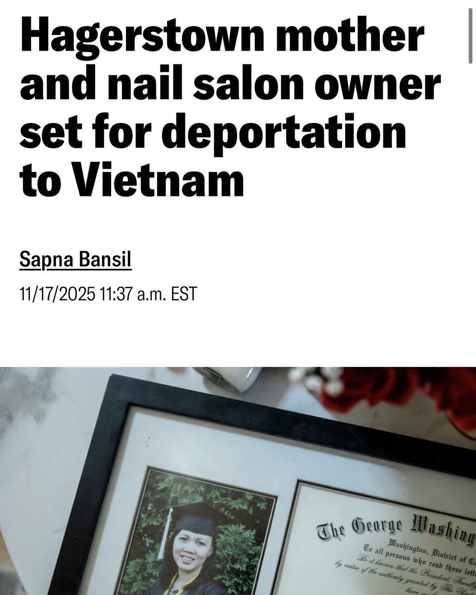 ChrisVanHollen's tweet image. Melissa Tran came here on a Green Card at age 11.

She&apos;s since raised 4 kids, started a business, &amp;amp; is a beloved member of the Hagerstown community.

Trump is deporting her, despite a judge saying she poses no threat.

Is she the &quot;worst of the worst&quot;? Do you feel safer yet?